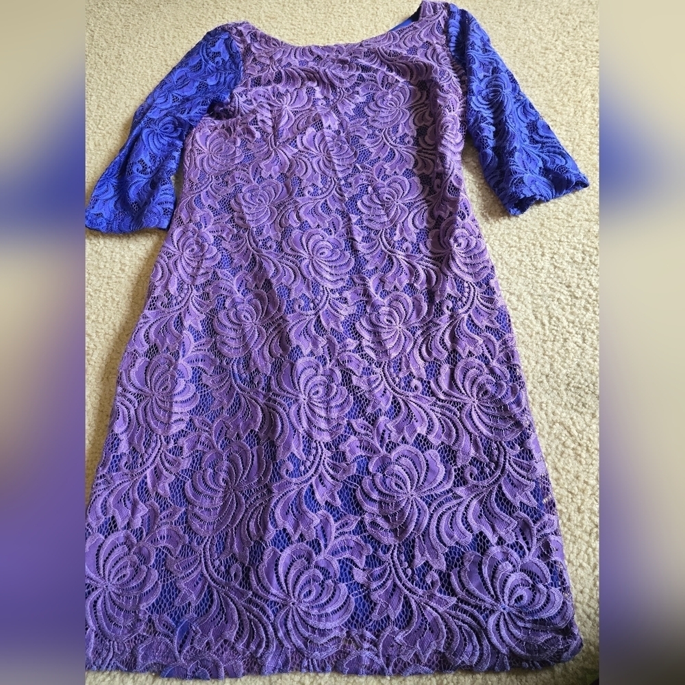 215. Fully Lined Purple Blue Lace Floral Elegant Dress - Picture 2 of 10